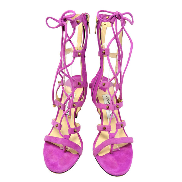 Jimmy Choo Lavender Suede Stud Gladiator Meddle Caged Heels Sandals EU 37.5 - Picture 2 of 11